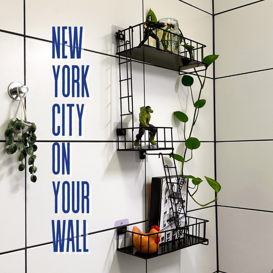 Fire Escape Wall Shelf – New York Decorative Floating Shelf – Wall Art Ladder Shelf – Black Metal Trinket Shelves for Bedroom, Home, Office, Storage and Display (2.5-Tier)