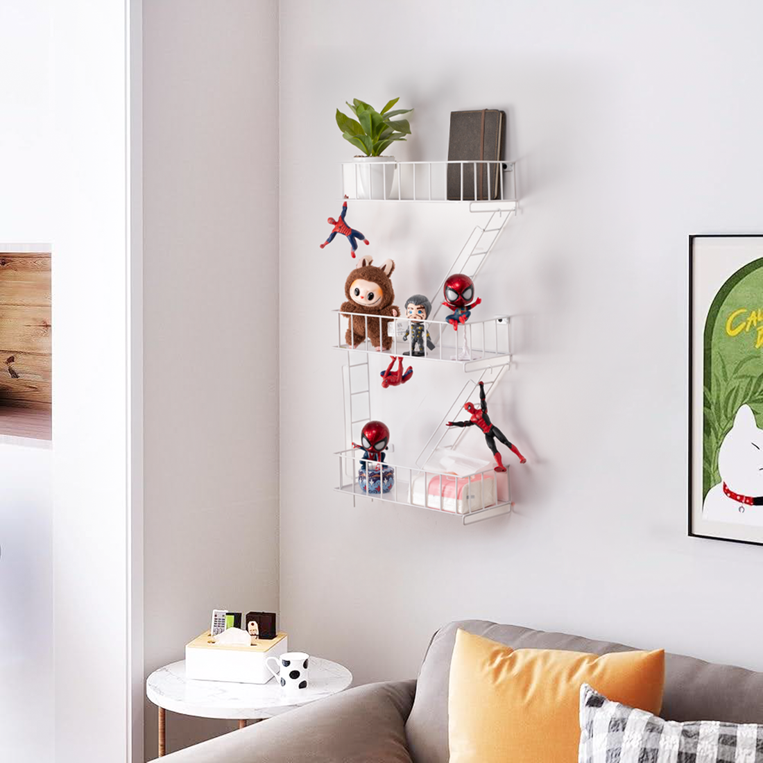 Fire Escape Wall Shelf – New York Decorative Floating Shelf – Wall Art Ladder Shelf – White Metal Trinket Shelves for Bedroom, Living Room, Home, Storage and Display (3-Tier)